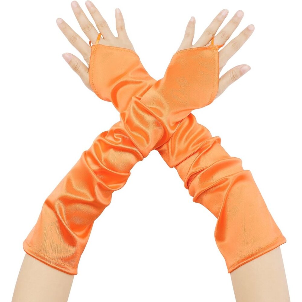 Women's Orange Fingerless Satin Finger Loop Long Sleeves Gloves Party Prom